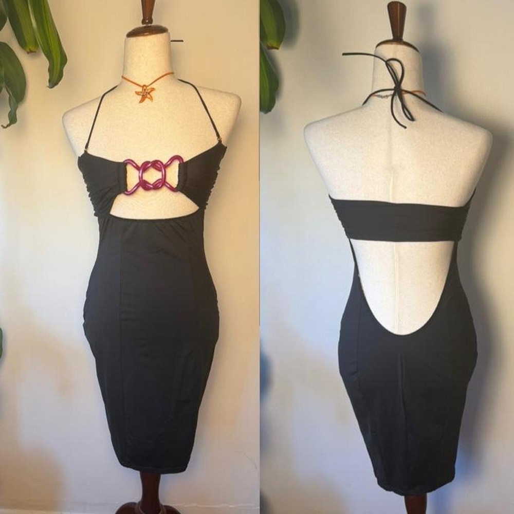 God Save Queens Kiss & Ride Black Cutout Pink O-Ring Halter Dress Medium